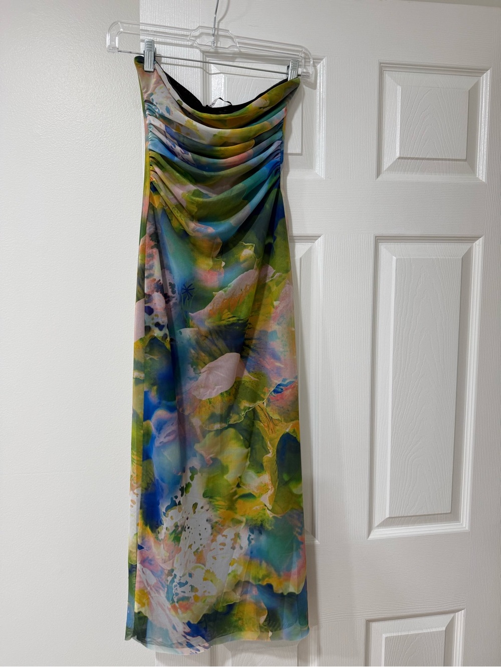 Zara Strapless Multicolor Watercolor Maxi Dress in Green and Blue